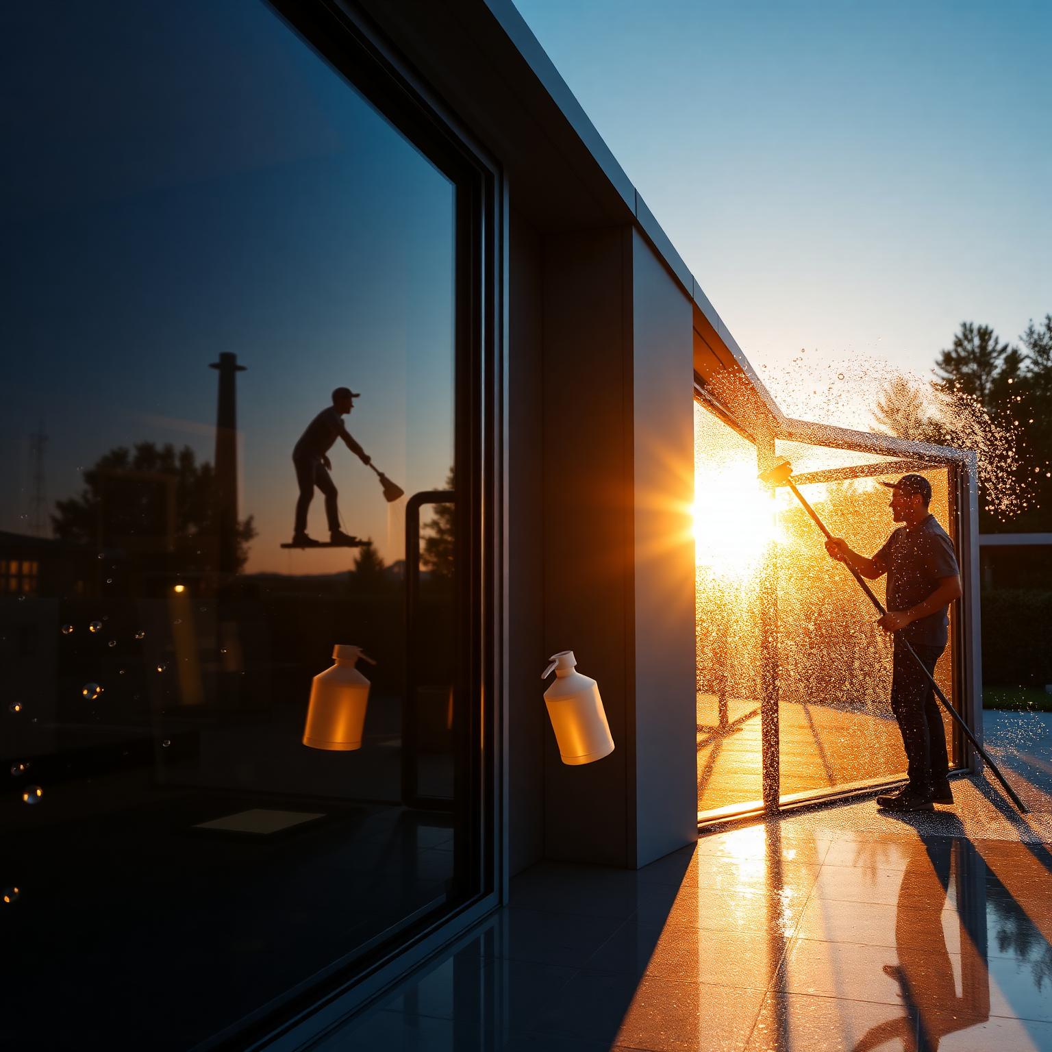 Professional cleaner washing pristine modern home windows at golden hour